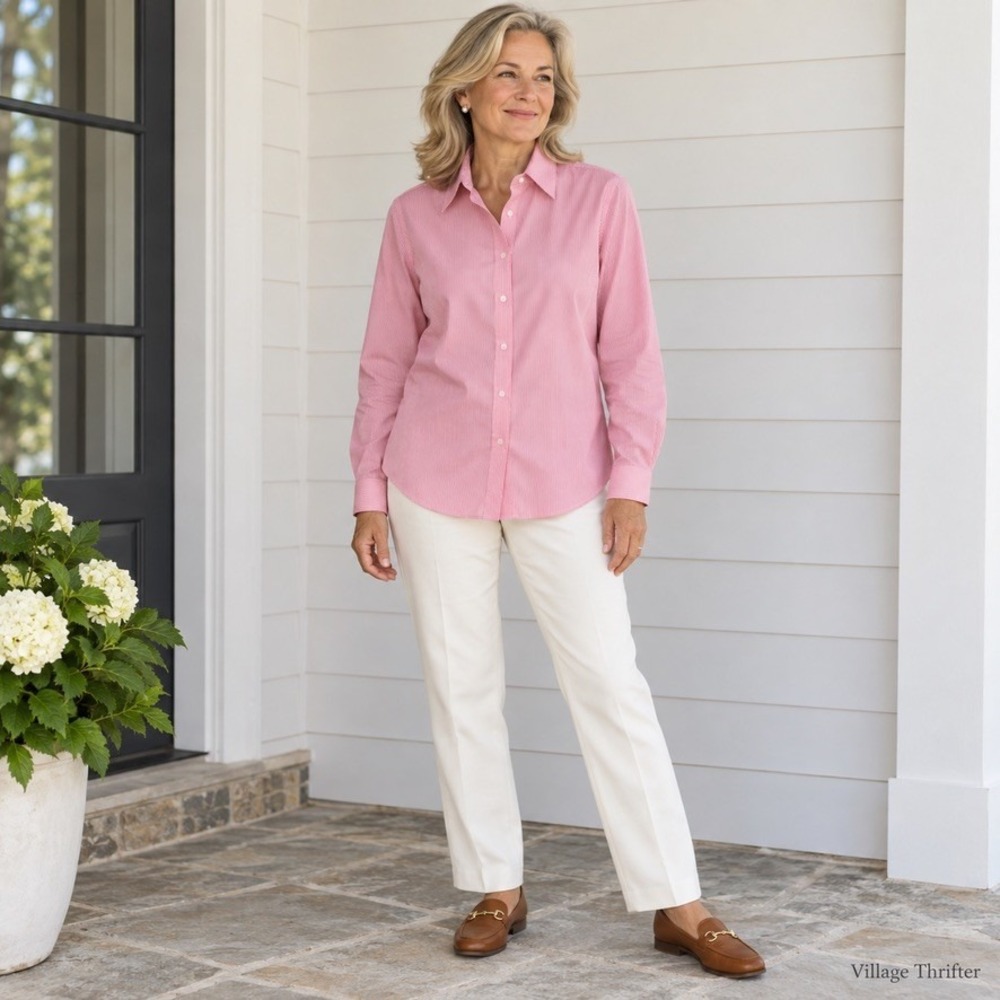 Lauren Ralph Lauren Button Front Shirt Women LP Pink Pinstripe Professional